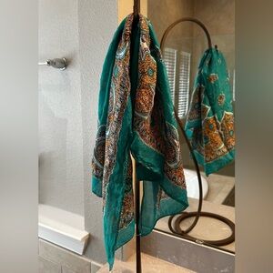 Vintage Paisley Blue Green Scarf 32”x 31” ✳️Damaged *Please see closeup pictures